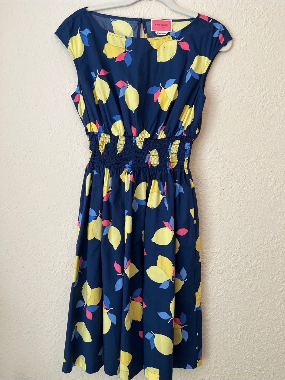 kate spade Navy Lemon Print Shirred-Waist Summer Dress - Picture 2 of 8
